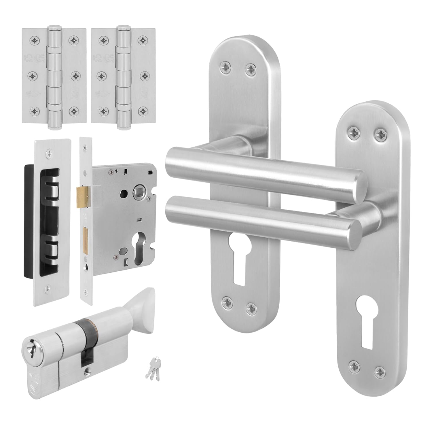 EAI Satin Door Handle Euro Lock Thumbturn Cylinder Set, 1 Pair Satin Nickel Internal Door Handle, Lock, Hinges - Oliena
