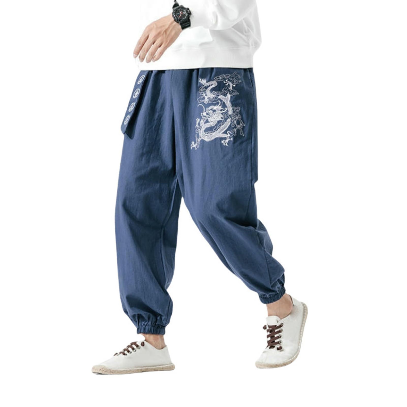 Pantaloni casual da uomo in cotone e lino con ricamo in stile cinese primavera estate