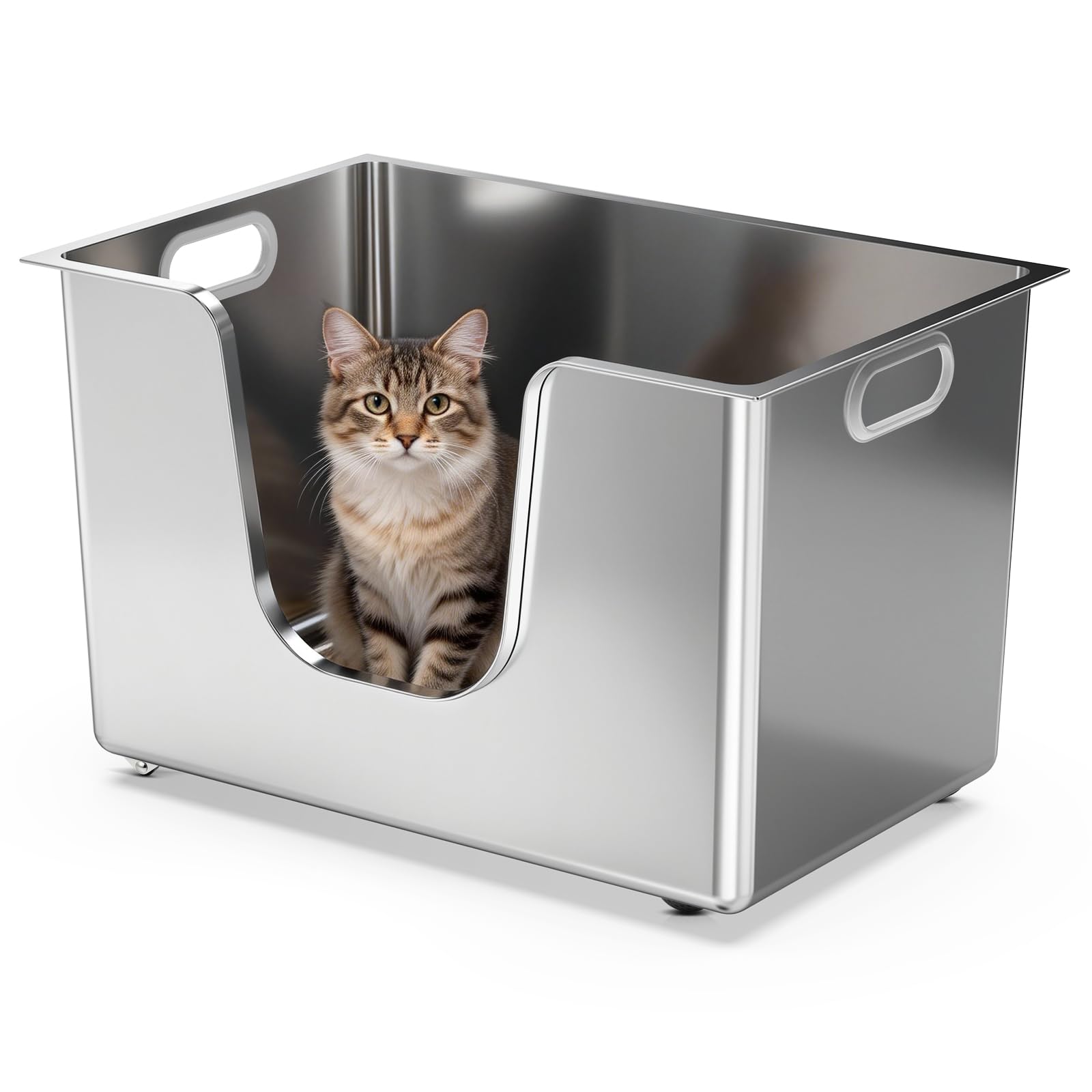 PTLOM Lebensmittelechtes Katzenklo Edelstahl XXXL Katzentoilette 35cm Hohe Ränder Rostfrei,Auslaufsicher, Niedriger Einstieg für ältere Katzen + Rollen – Perfekt für Mehrkatzenhaushalte