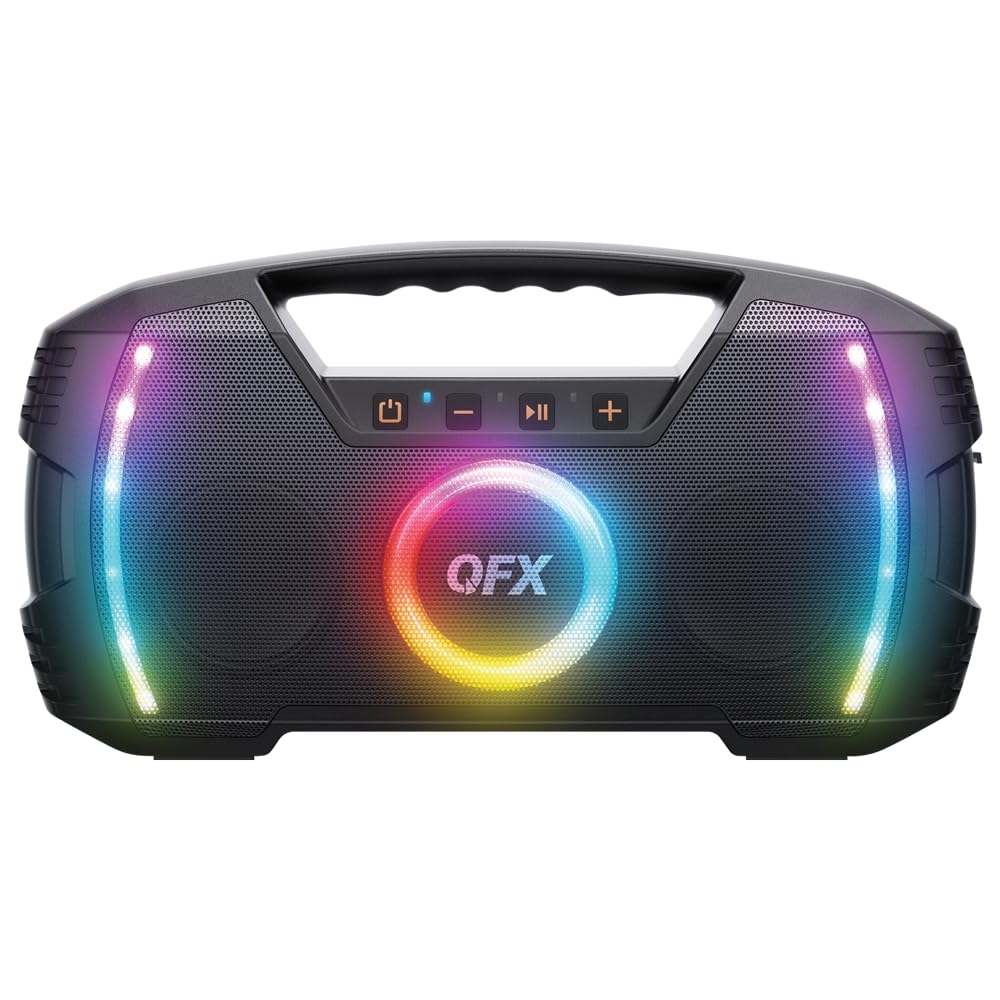 Powerful & Portable Waterproof All Terrain Bluetooth Speaker with Deep Bass, LED Party Lights, Fast USB-C Charging, FM Radio, AUX – QFX BT-ZX35