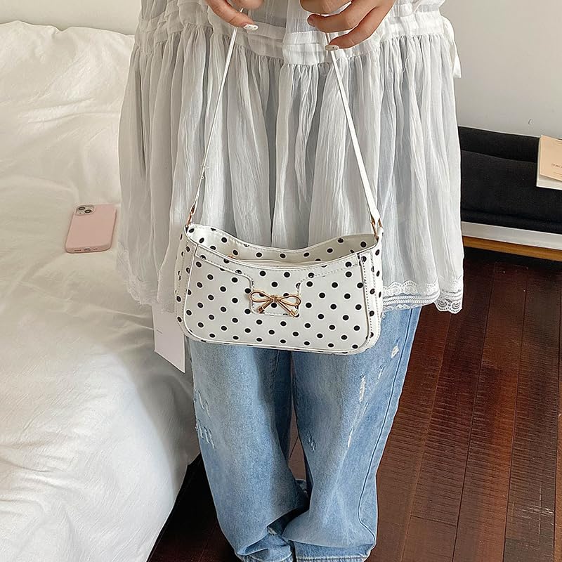 Borsa a tracolla da donna in poliuretano, stile retrò, a pois, con | EcoGleam Borsa a tracolla in poliuretano, stile retrò, a pois, con tasca, fiocco, tracolla imbottita, grande capacità