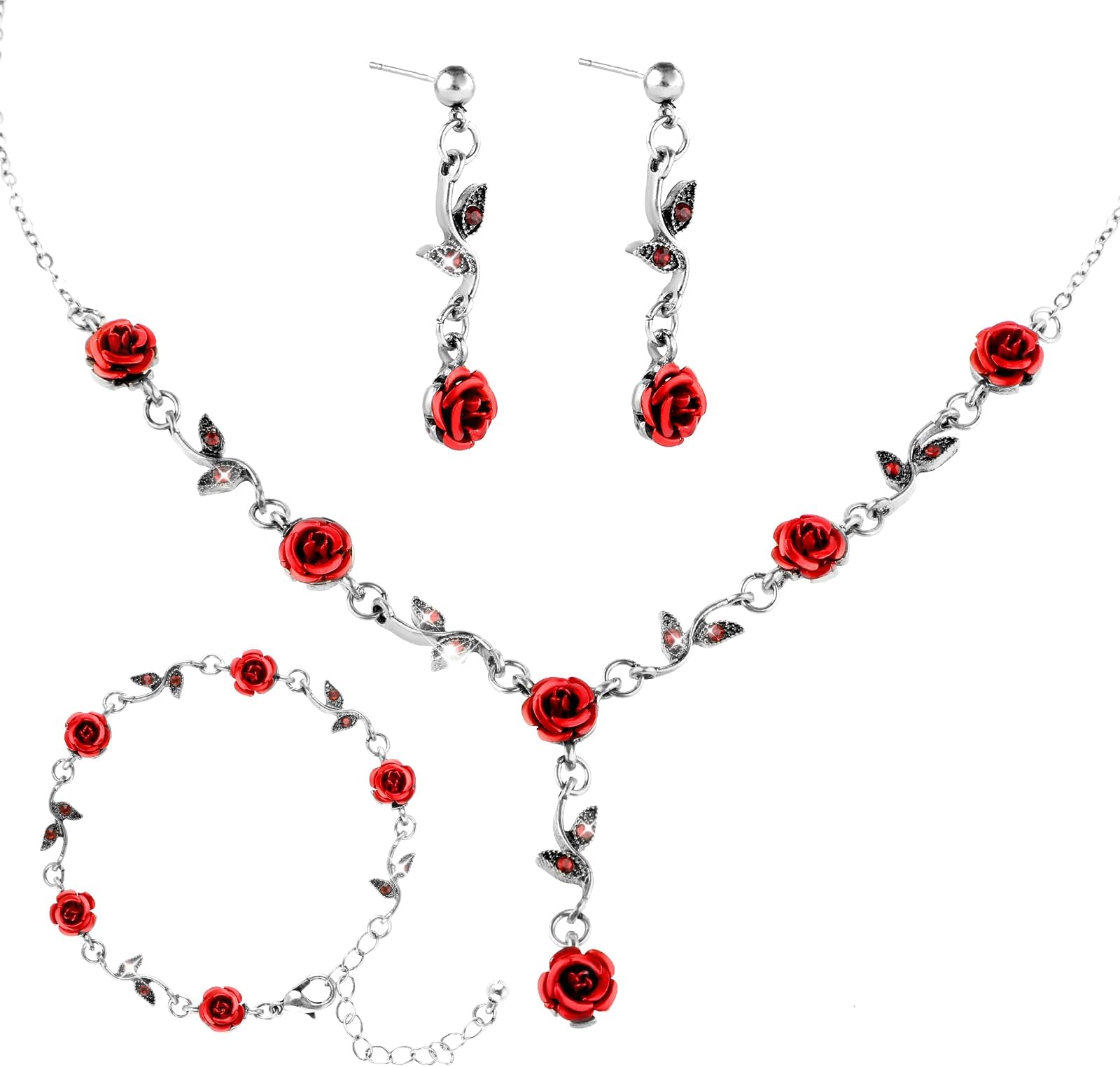 Red Rose Jewelry Set Exquisite Rose Flower Pendant Necklace, Bracelet Dangle Earrings Jewelry Sets for Women Wedding