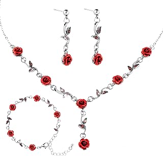 Yolev Rot Rose Schmuckset Damen Rose Hochzeit Brautschmuck Anhänger Halskette Armband Ohrringe Schmuckset Rosegold Vintage Schmuck für Mädchen Damen Schmuckset mit Rot Rose für Hochzeit