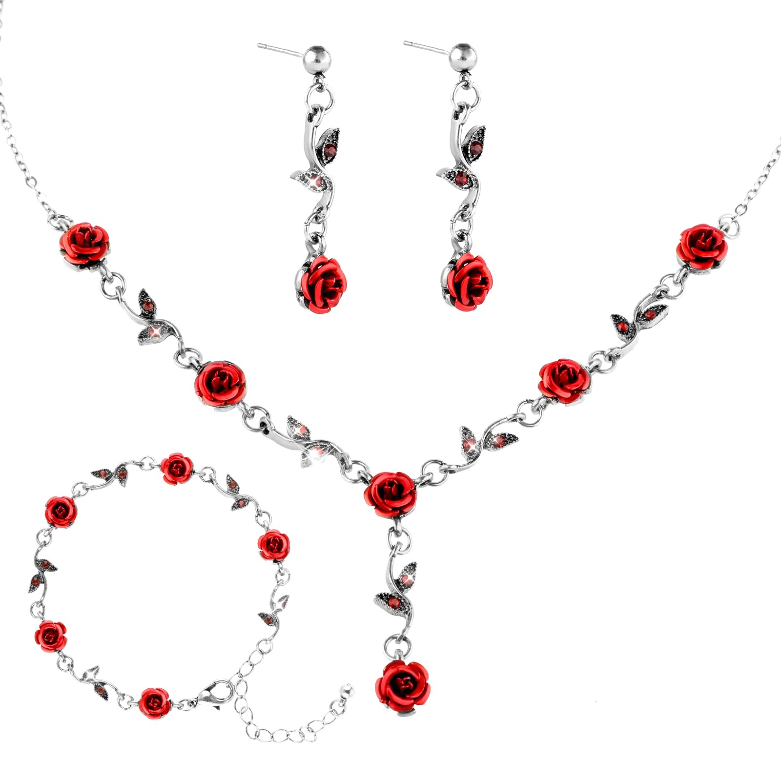 YolevRed Rose Jewelry Set Exquisite Rose Flower Pendant Necklace, Bracelet Dangle Earrings Jewelry Sets for Women Wedding
