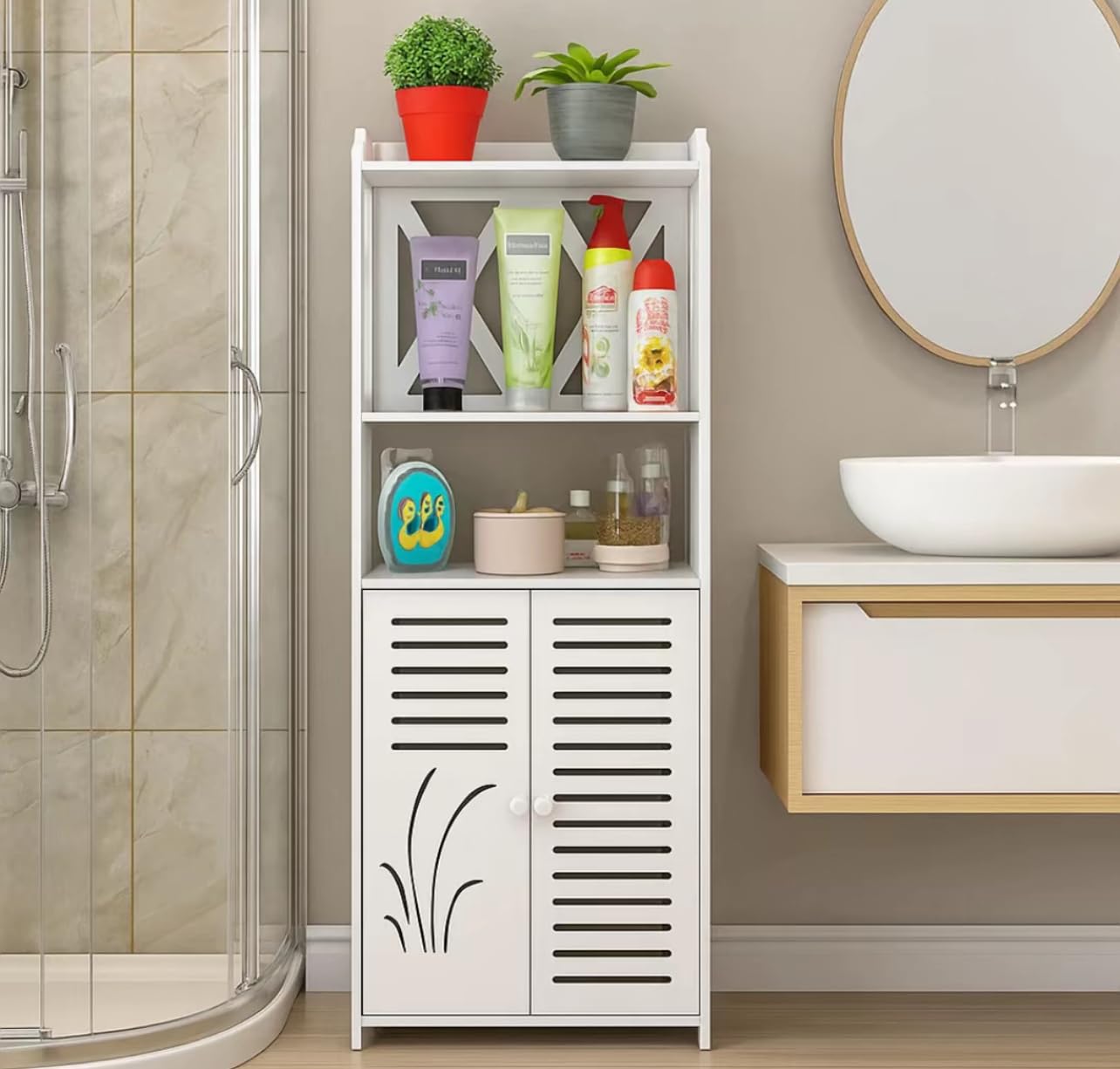 Generico Mobiletto da Bagno Salvaspazio con Anta, 90x40x25 cm, Armadietto Bianco Impermeabile, Organizer Multiuso in Legno Plastico