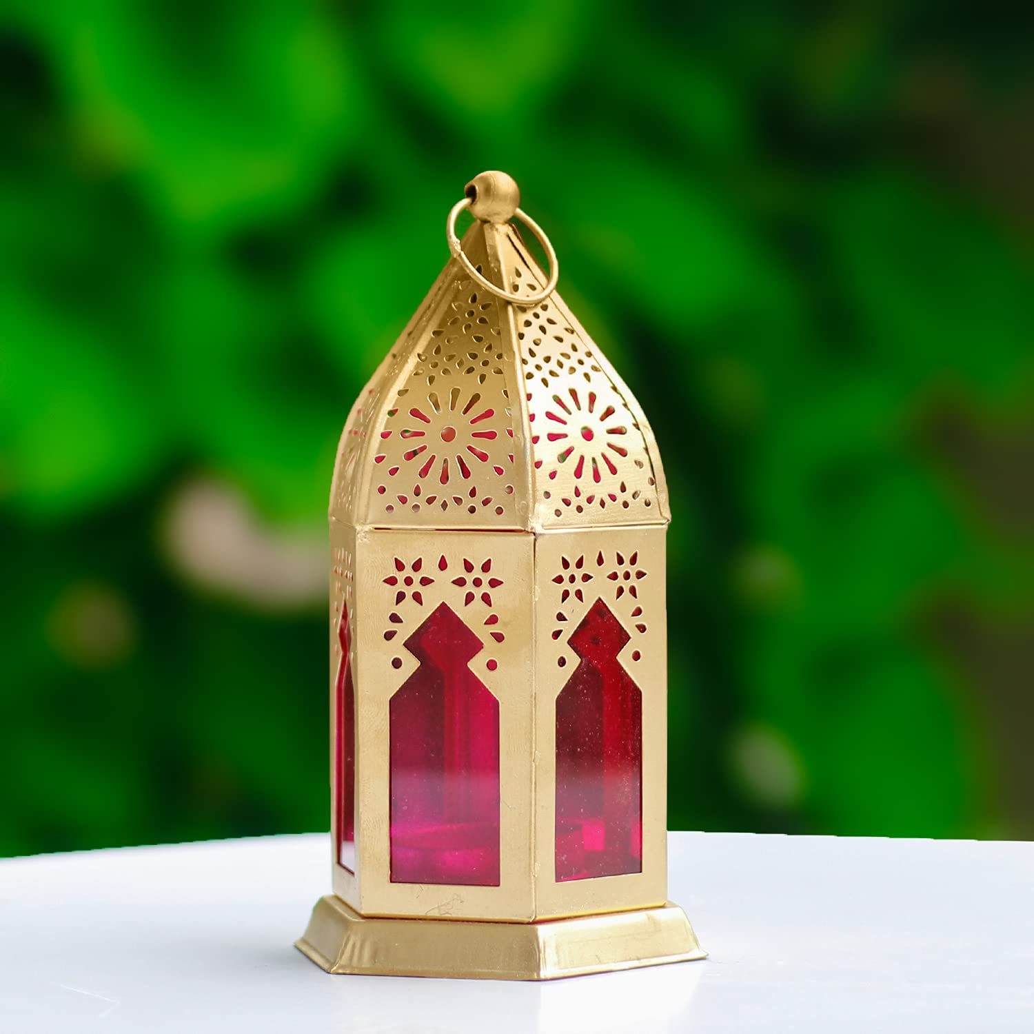 CRAFTOX DECORMorrocan Iron Lantern Tealight Candle Holder with RED Colour Glass for Home Decor, Size – 6x3.5 Inch, Pack of 1, (CN-22106-1)