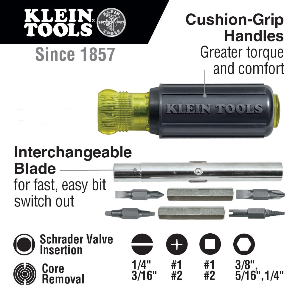 Klein Tools 80065 Schrader Driver Kit, Kit con cacciavite e giradadi 11 in 1 con punte multiple e giradadi 2 in 1, adatto per viti a testa esagonale, 2 pezzi