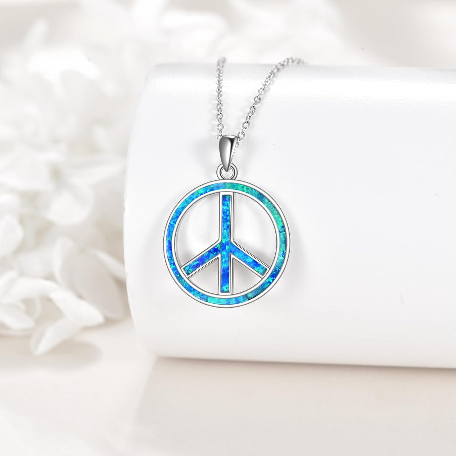 VONALA Peace Sign Necklace 925 Sterling Silver 14K White Gold Plated Blue Opal Peace Sign Pendant Necklace for Women
