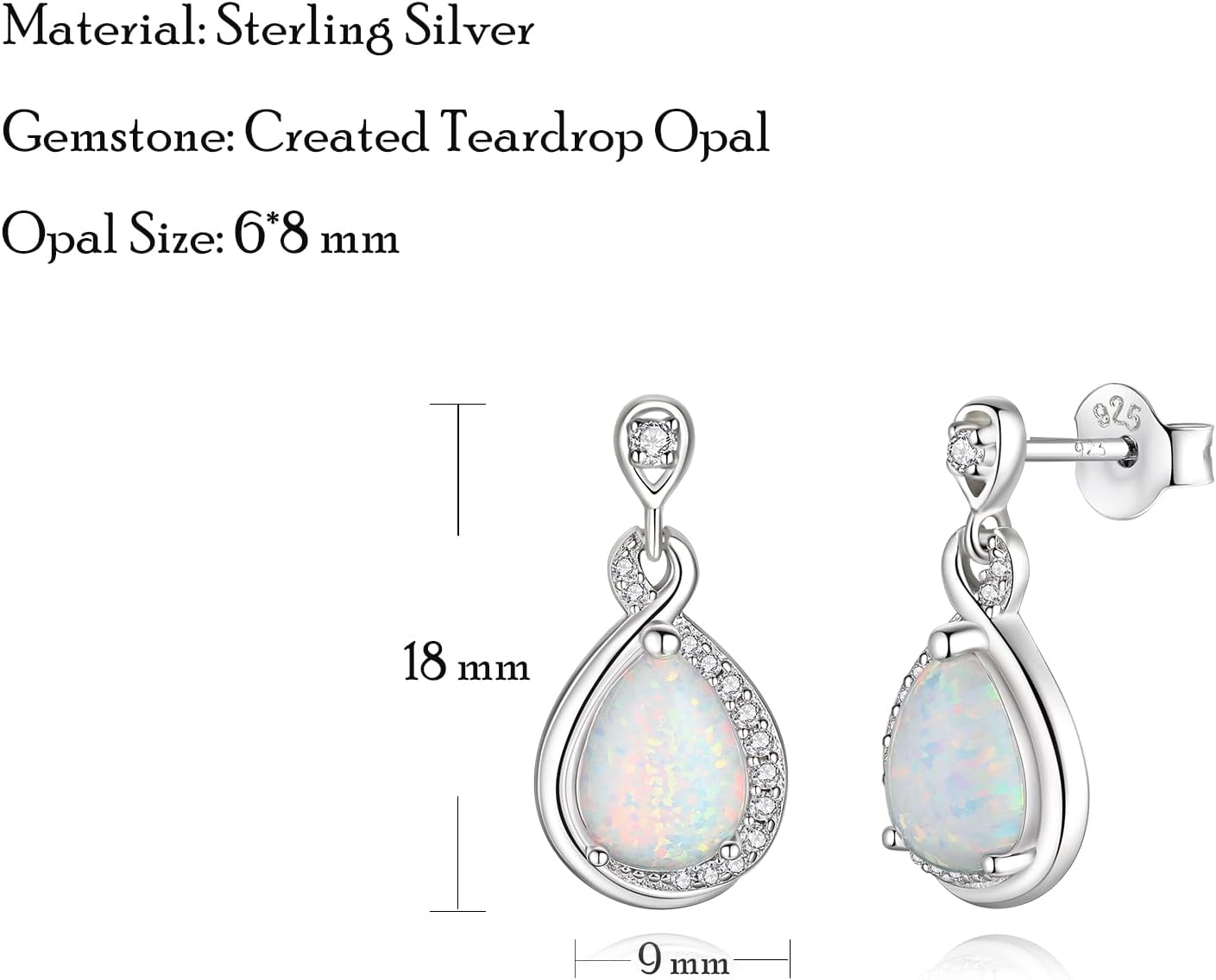 FANCIME Opal Earrings Sterling Silver Infinity Stud Dangle Earrings with Created Teardrop White Fire Opal, Fine Opal Jewelry for Women - Image 4