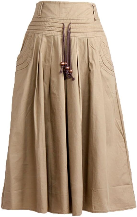 HWCD Women's Solid Casual Lacing Long Skirt With Large Pocket(khaki)