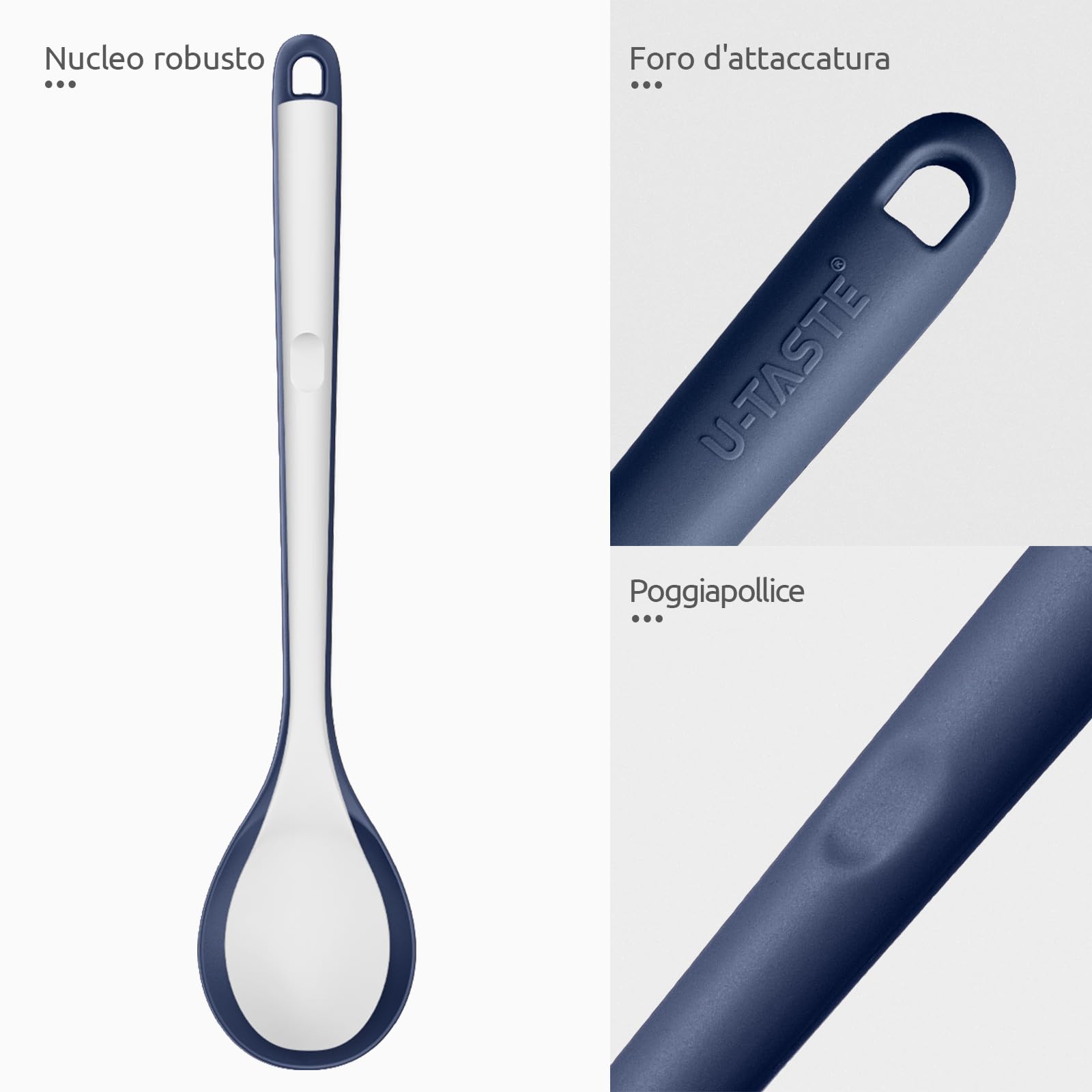 U-Taste Cucchiaio da cucina in silicone: cucchiaio da cucina solido resistente al calore 315 ℃, grande strumento in gomma antiaderente senza BPA per mescolare, servire, imbastire (Blu mezzanotte)