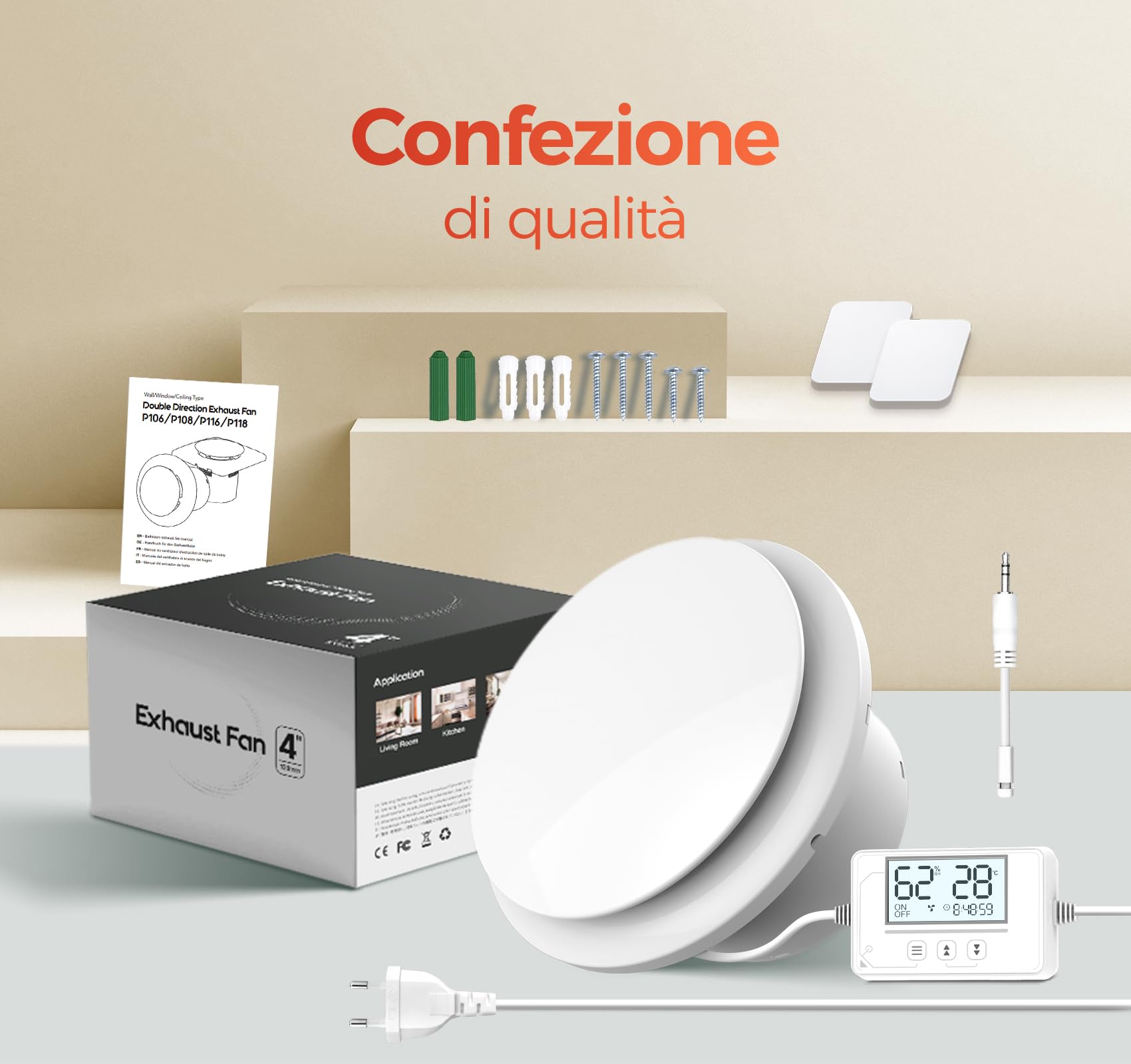 3 Velocità Aspiratore bagno con Sensore Umidità, Sensore Temperatura, Timer - Automatico Estrattore Aria 100mm - Silenzioso Potente Ventola aspirazione bagno WC cantina P107 (senza telecomando)