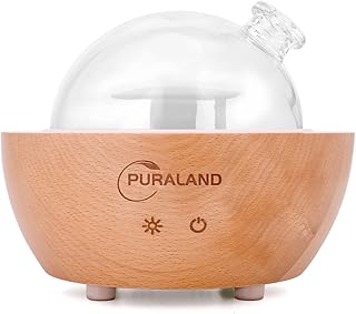 Handmade Glass & Real Wood Essential Oil Diffuser, Upgraded Aromatherapy Diffuser, Puraland 200ml Aroma Humidifier, Cool Mist with 7 LED Colors, Waterless Auto Shut-Off for Home Office Bedroom Gift