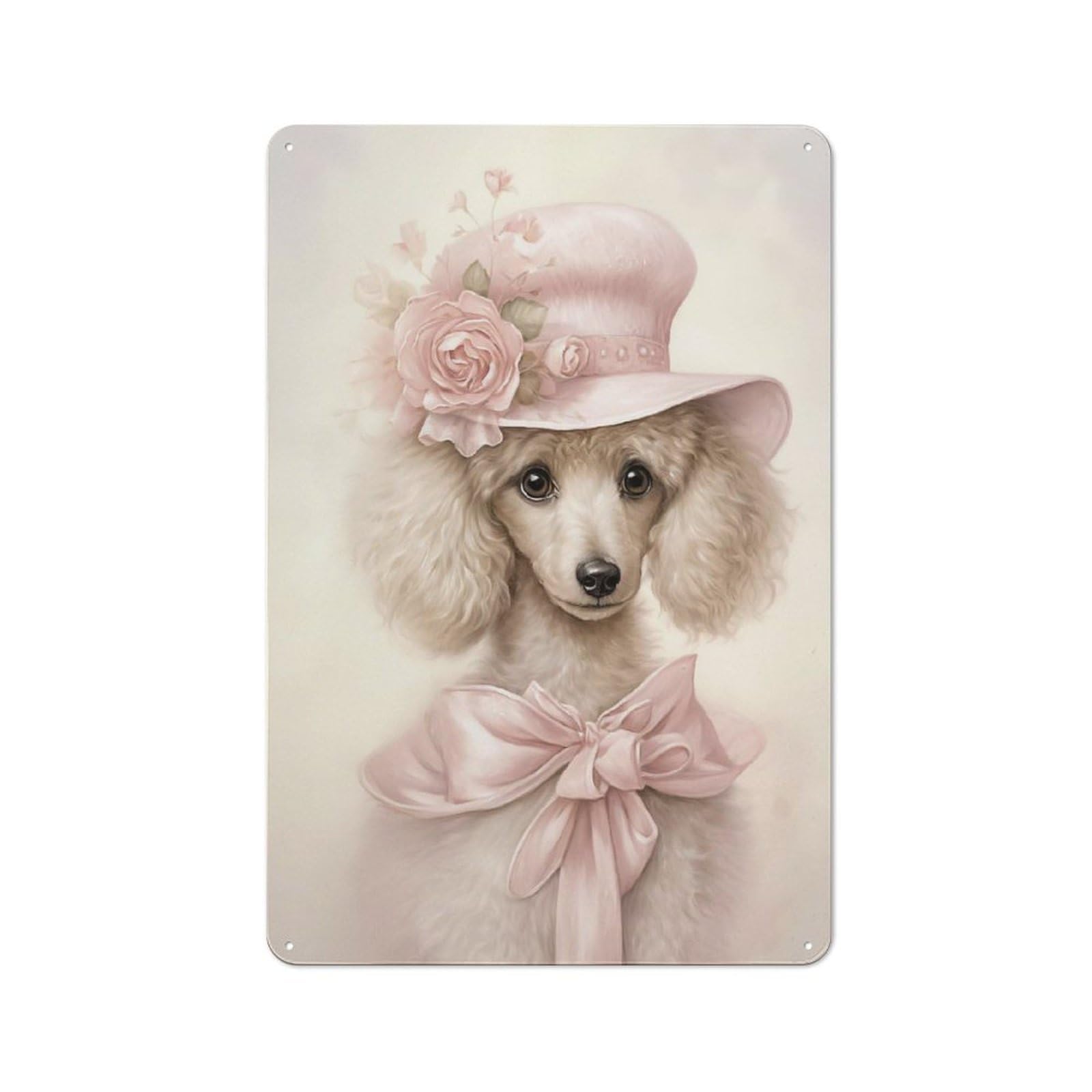 Junmoney Style-2 White Poodle In Hat Retro Tin Wall Plaque 30X20cm For Guest Room Or Hallway, For Vintage Wall Decor Fans, For Themed Room Decoration