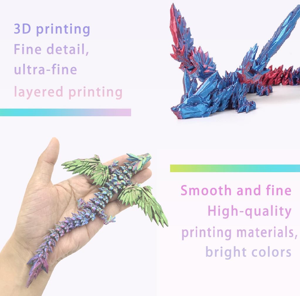 3D Printed Dragon with Wings, Flying Dragon, 8” Crystal Dragon Fidget Toy, Winged Dragon for Home Office Decor Executive Desk Toys (Red Gold)