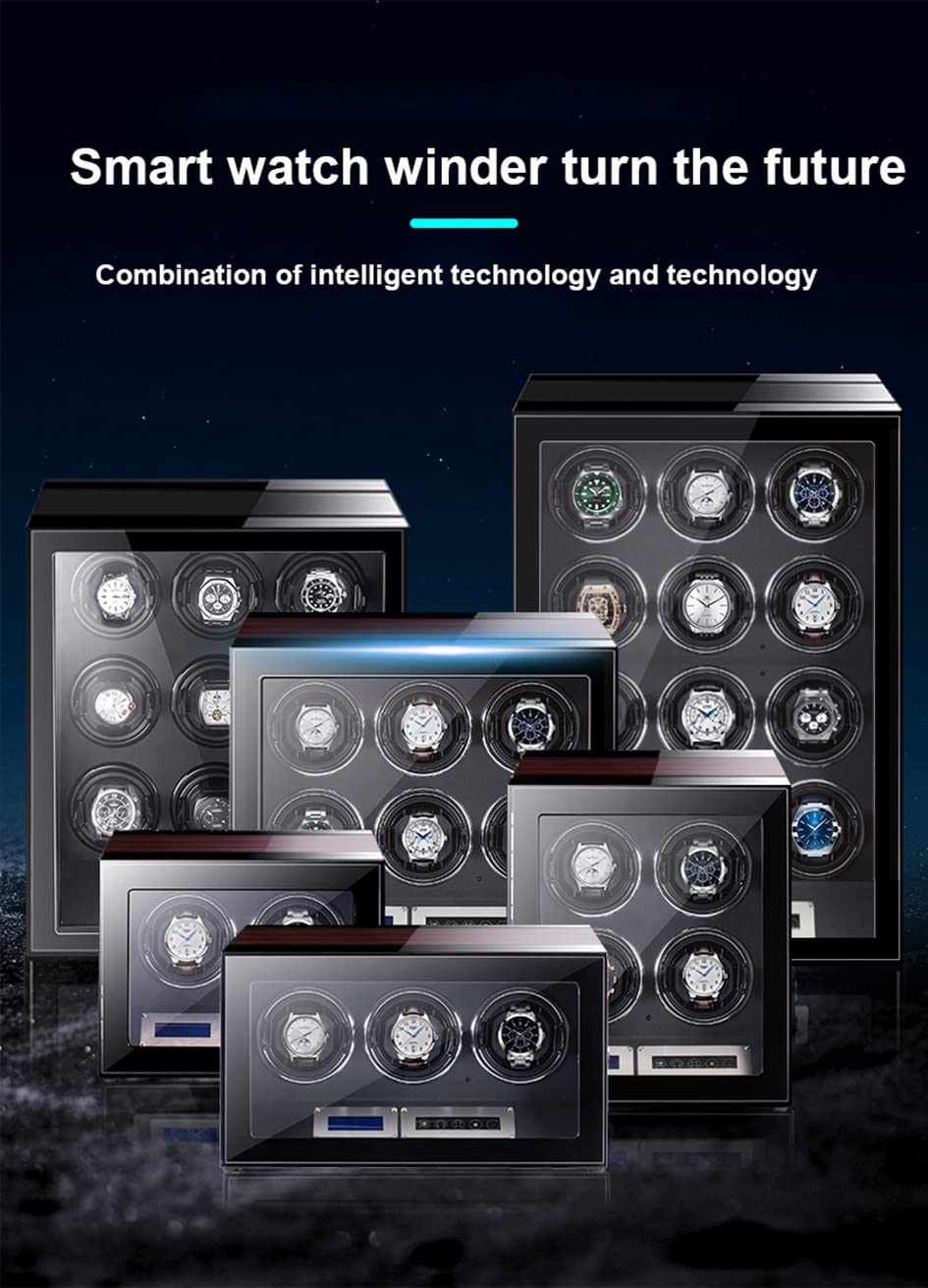 Scatola Carica Orologi Automatica per 9, 12 E 24 Orologi, Scatola Rotante per Orologi A Carica Automatica con Schermo LCD E Telecomando, Serratura A Impronta Digital(Venatura D'Ebano-4+0)