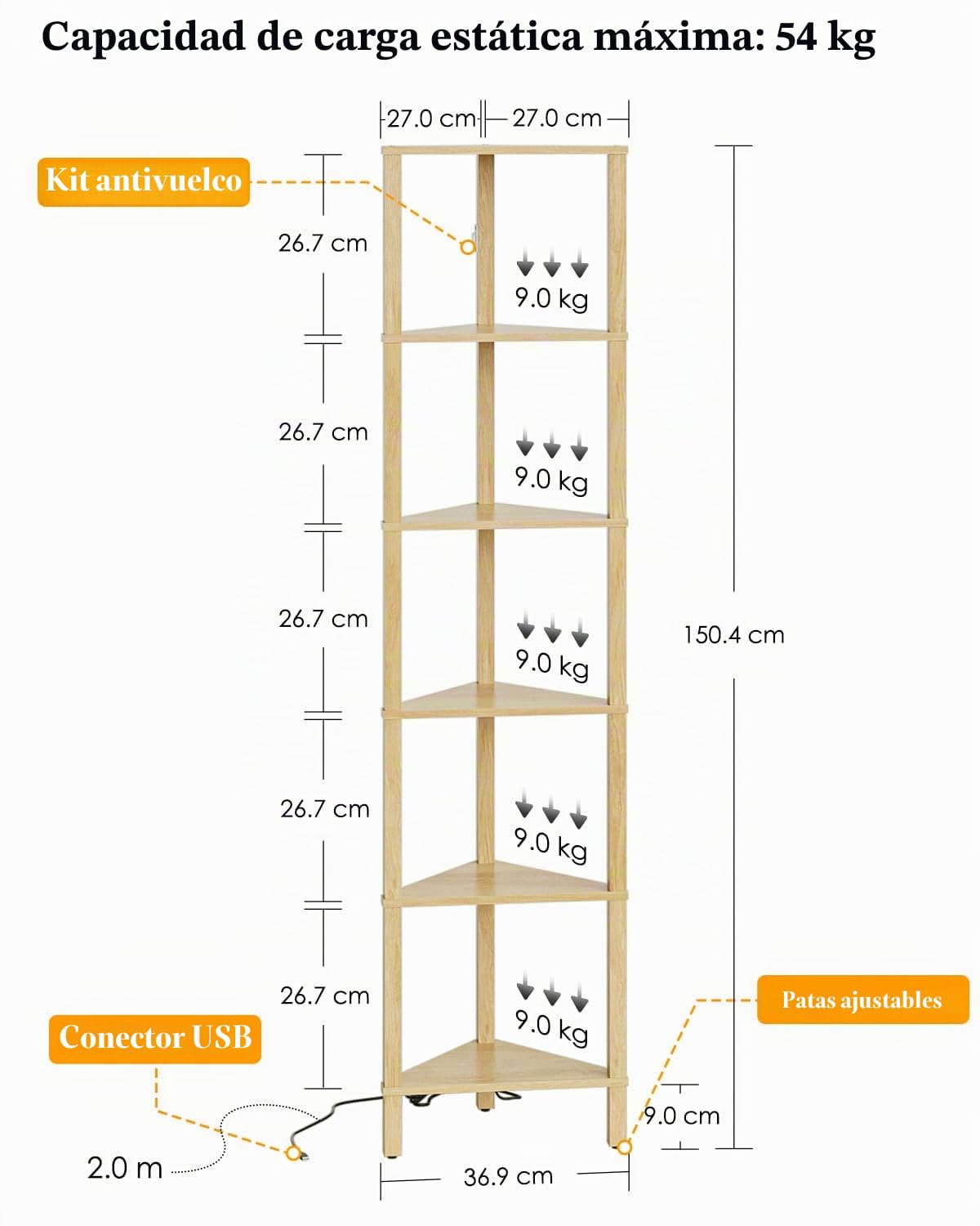 Estantería esquinera de 6 Niveles con luz LED, estantería Triangular de pie, Mueble Organizador Que Ahorra Espacio para salón, Dormitorio, Cocina o baño, Acabado Roble, 37 × 27 × 150 cm