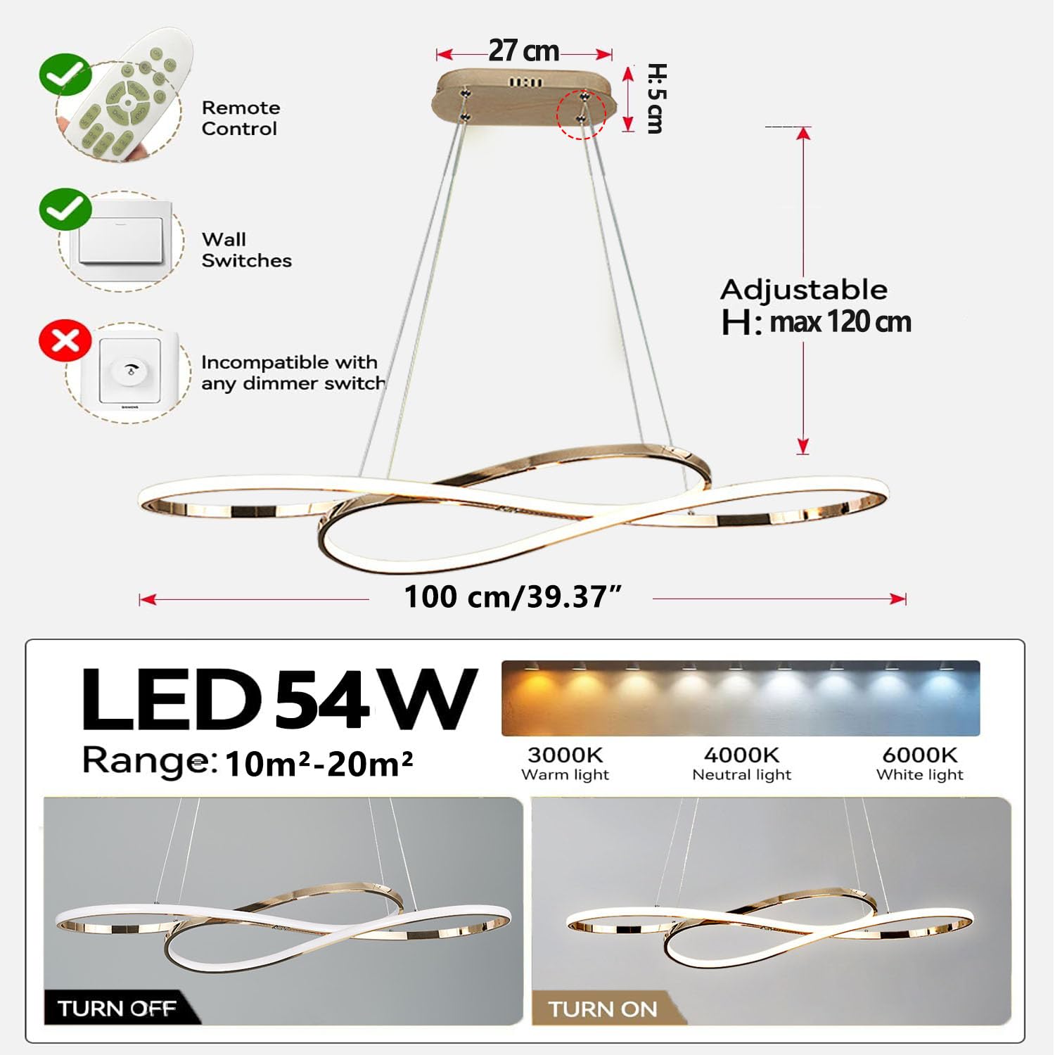 ASJK nowoczesne lampy wiszące led żyrandole do salonu,żyrandol led z pilotem ściemniania za pomocą pilota, akrylowa lampa wisząca do kuchni, jadalni i salonów. Złoto