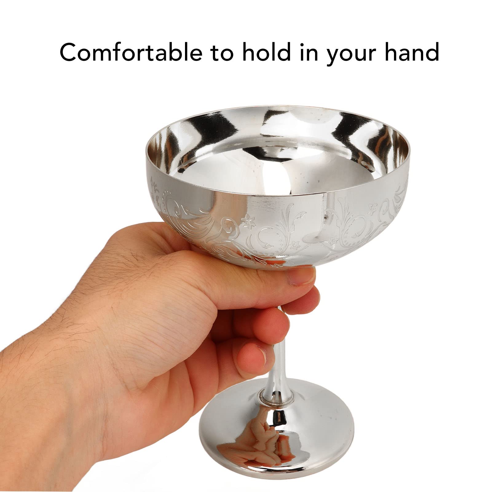 Metal Martini Glasses, Metal Champagne Glass Stainless Steel Martini Engraved Goblet Cocktail Goblets Glasses(Silver Flower)