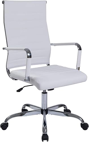 wonline Silla de escritorio de oficina silla ejecutiva de cuero con respaldo alto con soporte lumbar de altura ajustable silla giratoria blanca