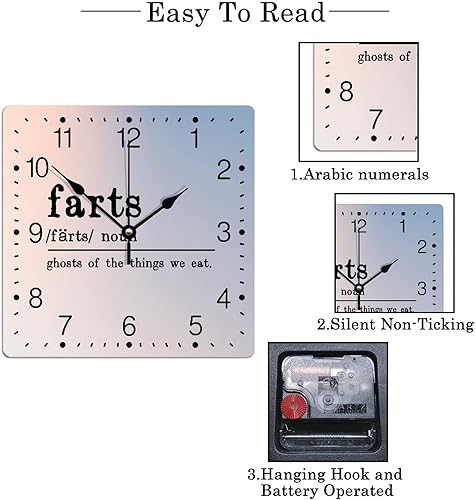 Miniatura 7 de Zyadsinoudor Reloj de PVC con definición de pedos, sin marco, citas positivas, tipografía, arte de pared, cuadrado de 12 pulgadas, silencioso, sin