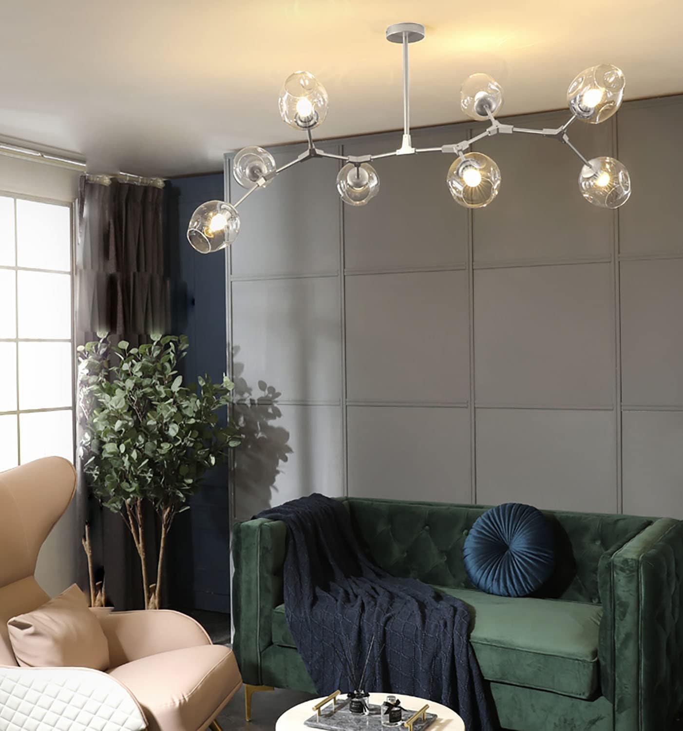 8 Light Sputnik Chandelier Silver Mid Century Ceiling Light Fixture with Glass Globe Pendant Light Hanging for Dining Room Kitchen