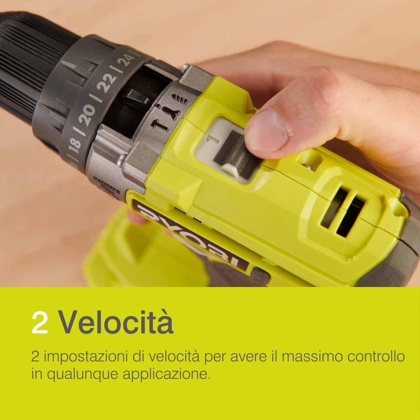 Ryobi R18PD2-242S Trapano Avvitatore a Percussione a Batteria 18V ONE+, Include una Batteria 2.0Ah e una 4.0Ah, 2 Velocità, 24 Regolazioni di Frizione, Luce LED
