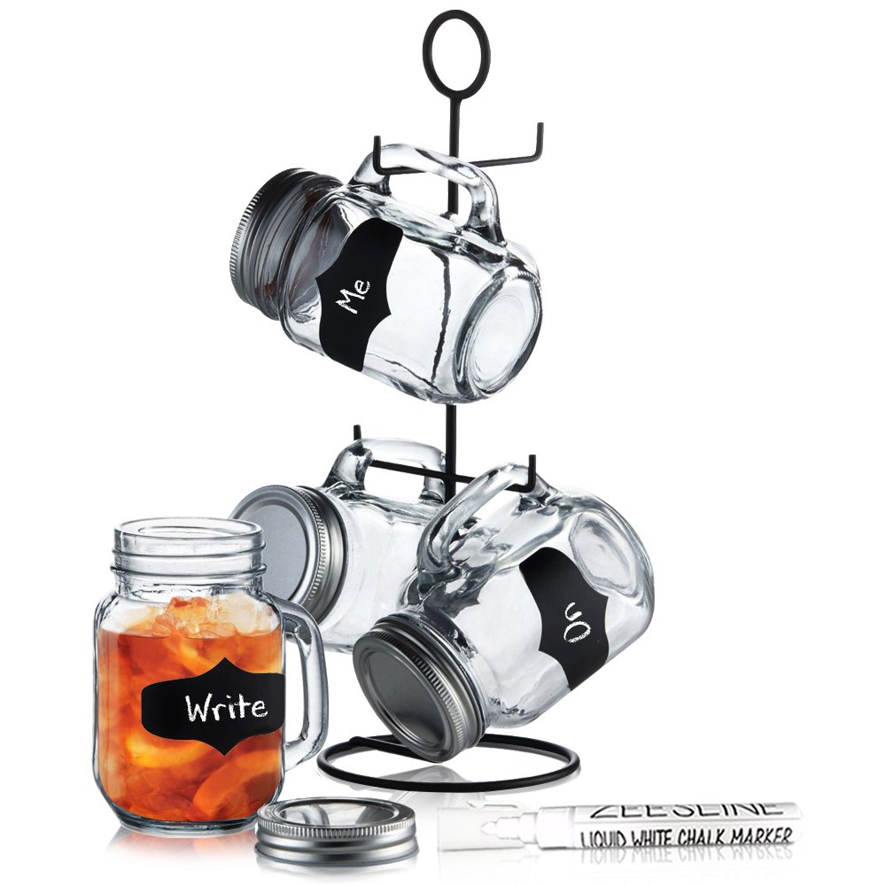 Amazon.com | 4 Glass Mason Jars with Lids, Metal Stand, Chalk labels & Chalk  Marker - 16-oz Clear Chalkboard Mugs with handles on space-saver caddy: Bar  Tools & Drinkware