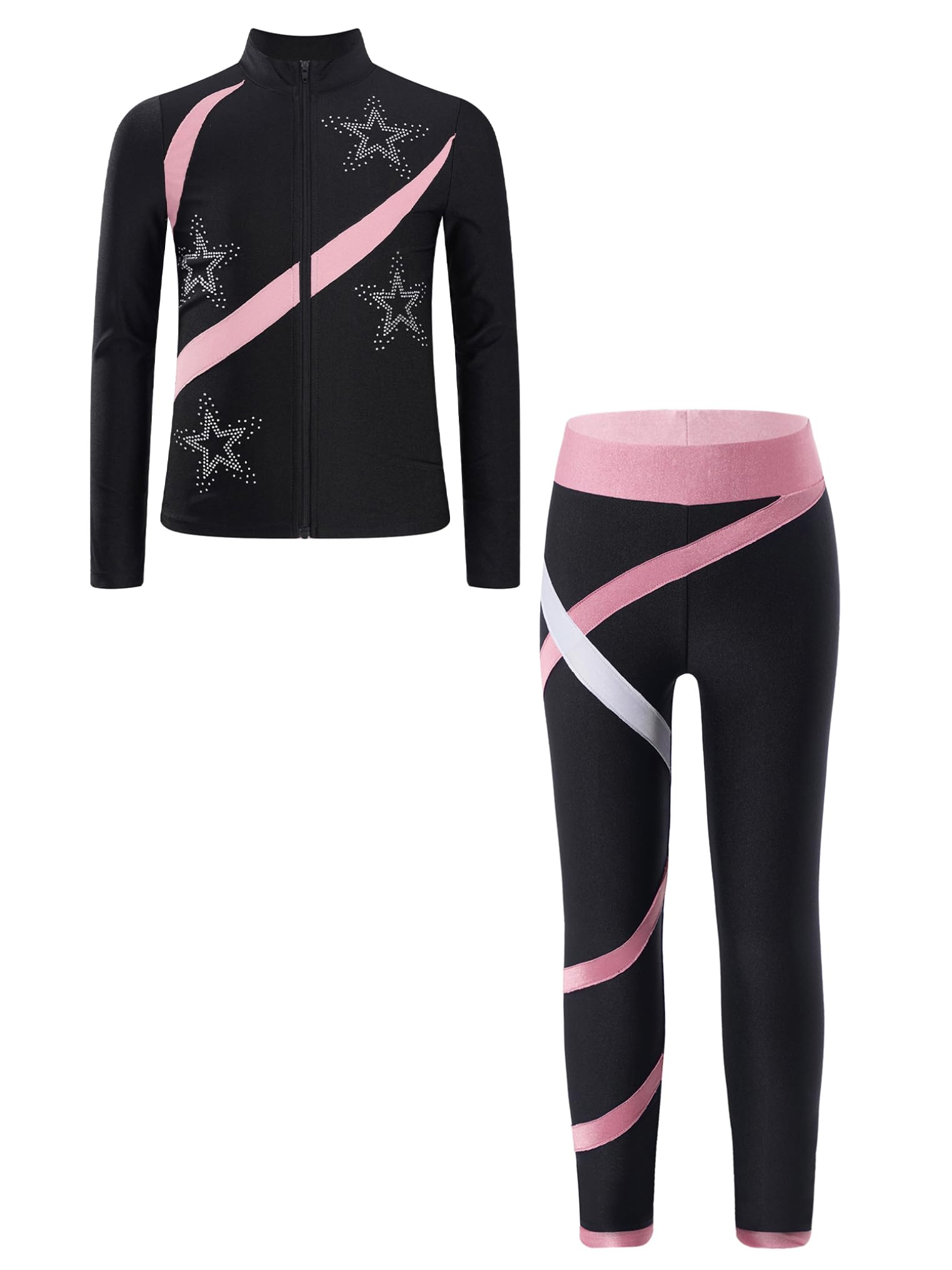 Freebily Kinder Trainingsanzüg Mädchen Eiskunstlauf Anzug Jacke Leggings Set Mit Strass-Stern Und Patchwork Eislaufen Sport Sweatsuit Tanzanzug