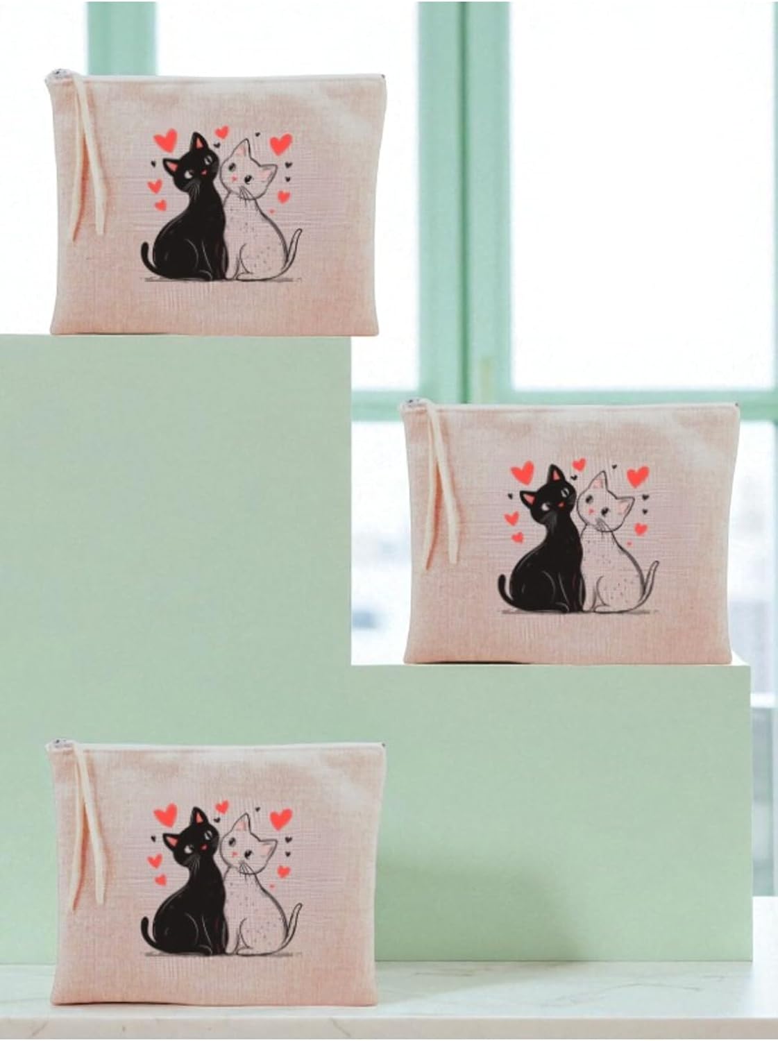 Kalpli Kedi Baskılı 3'lü Makyaj Çantası 20x25 Cm - Seyahat Makyaj Çantası Bej, LH8920423523523512321
