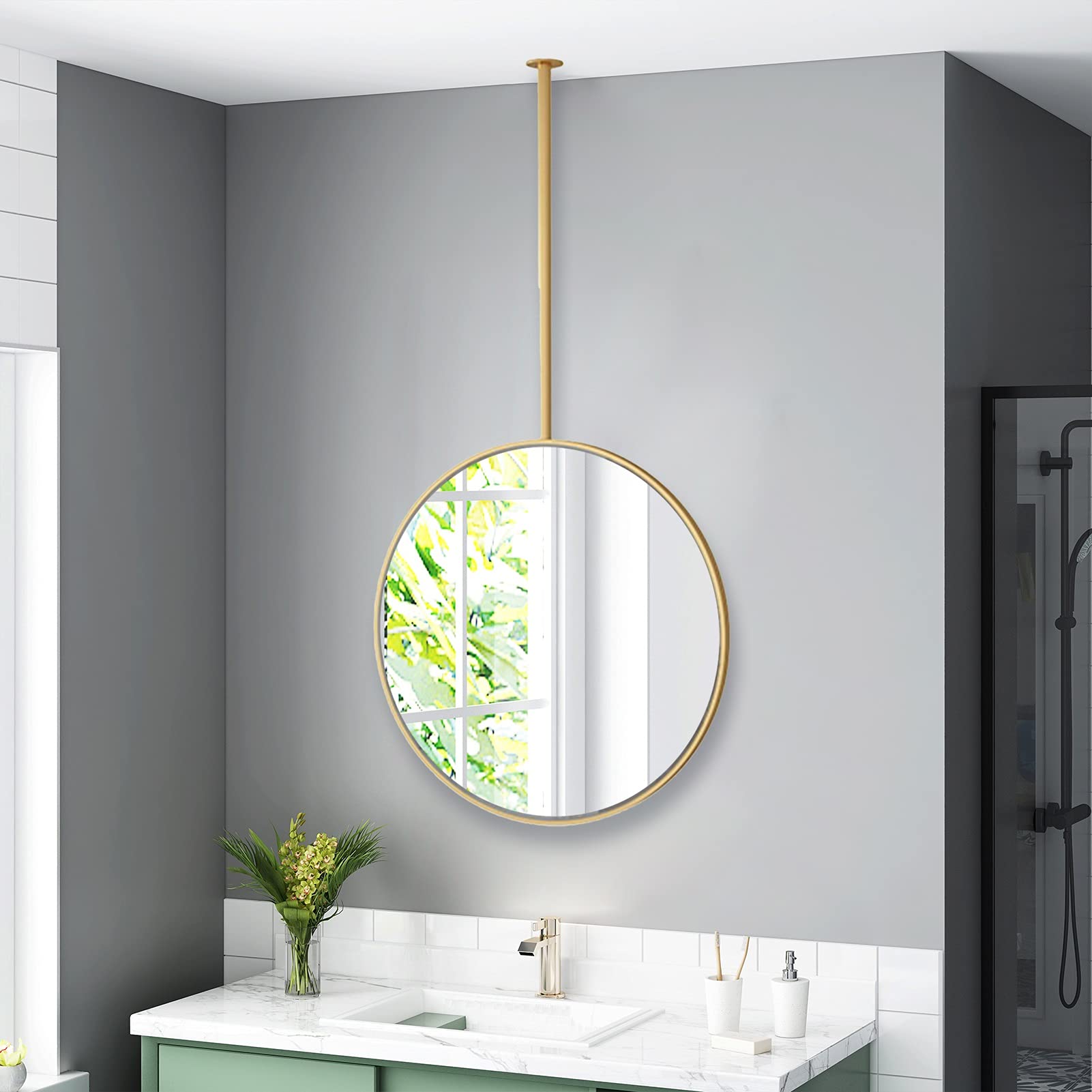 Miroir de maquillage suspendu rond or 40cm pour coiffeuse et salle de bain