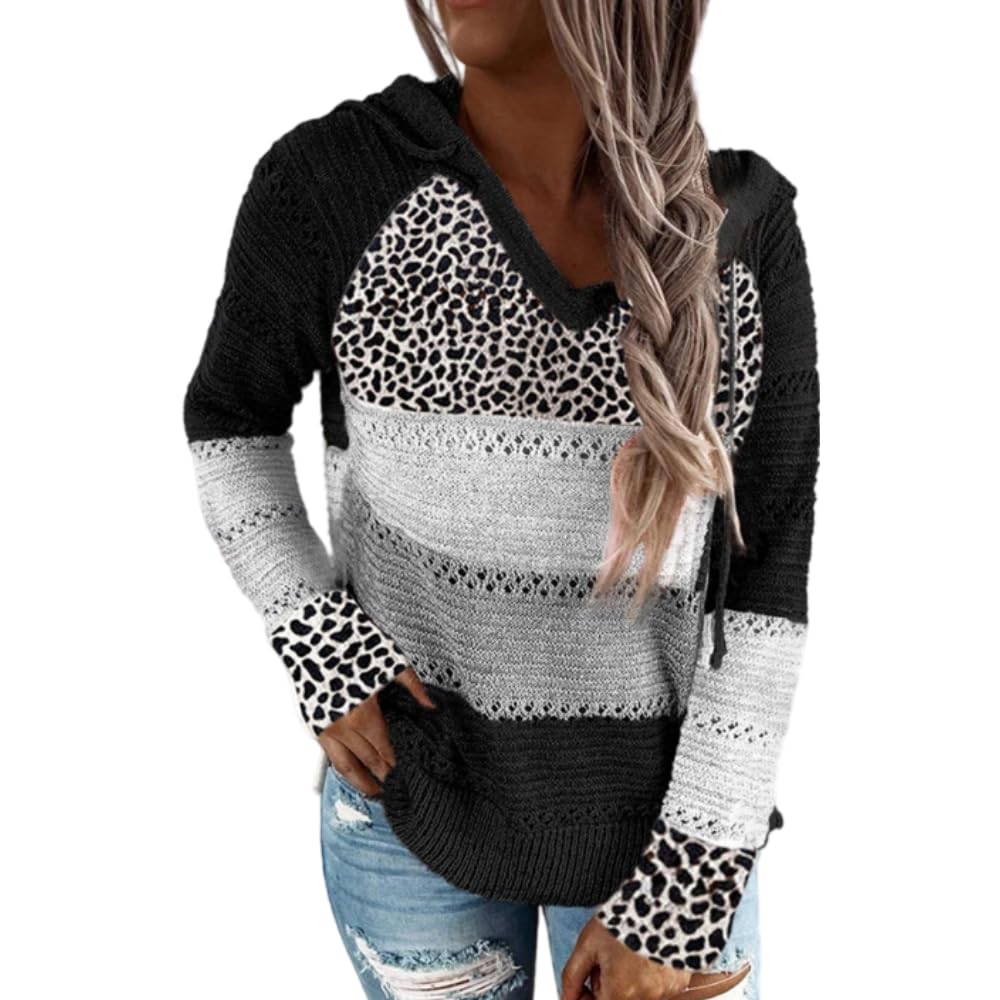 Womens Leopard Color Block Cable Knit Sweater Loose Fit V-Neck Striped Hoodies Crewneck Casual Fall Tops Trendy Sweatshirts