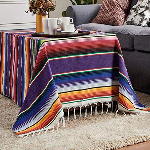 Mexican Serape Blanket With Tassel Bright Colorful Stripe Rainbow Throw Blanket Yoga Beach Blanket Tablecloth Sofa Cover(Purple, 60" X 82") #TOP6