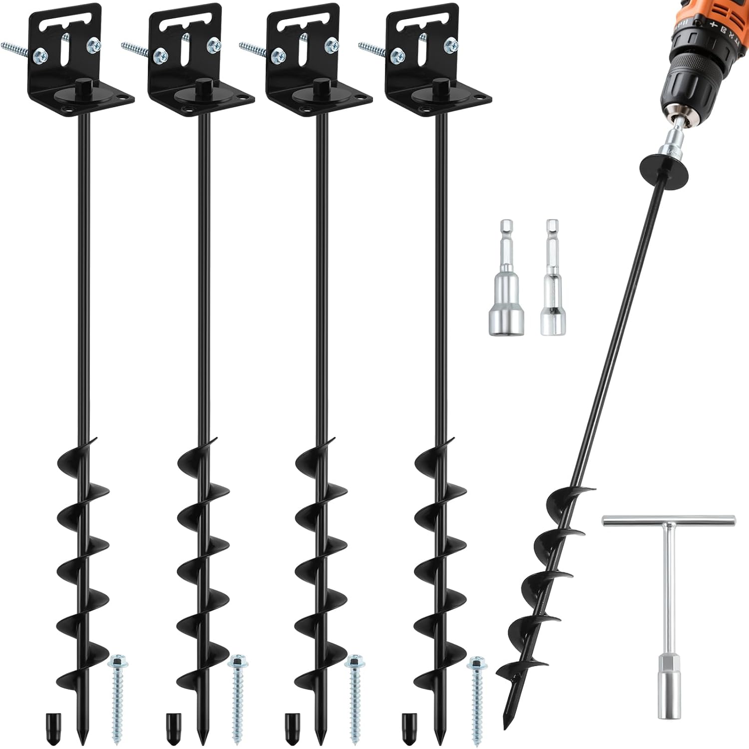 26" Ground Anchors Screw in Heavy Duty, Mobile Home Anchors - Shed Anchor Kit with L Bracket & Drill Adapter, Earth Anchor for Swing Sets, Trampolines, Carports, Storage Sheds, Fences (4×26in)