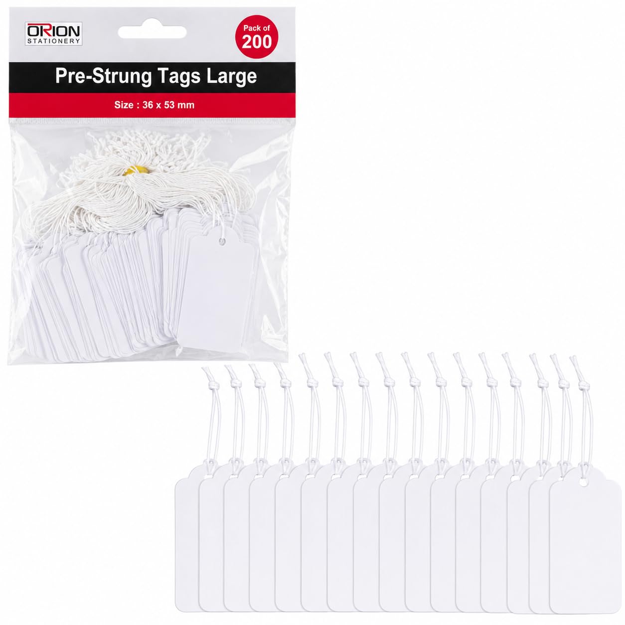 Orion 200 Pieces Pre Strung White Tags Large 36 x 53 mm