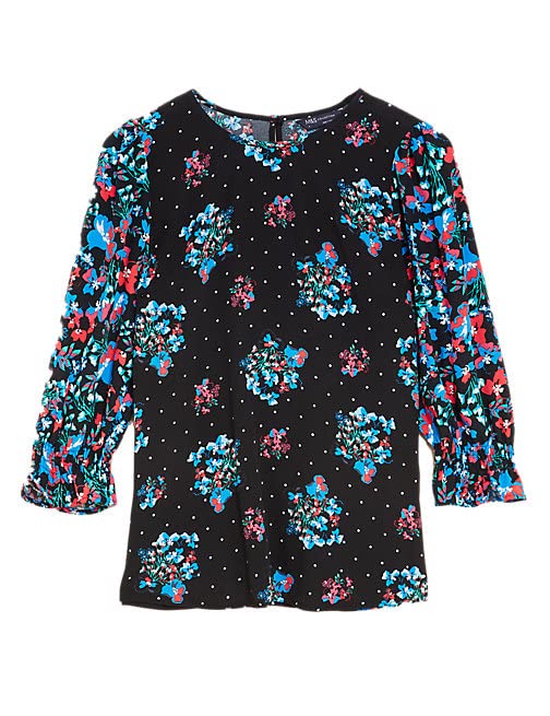 Image of Marks & Spencer Womens Floral Viscose Round Neck Regular Fit Long Sleeve Top