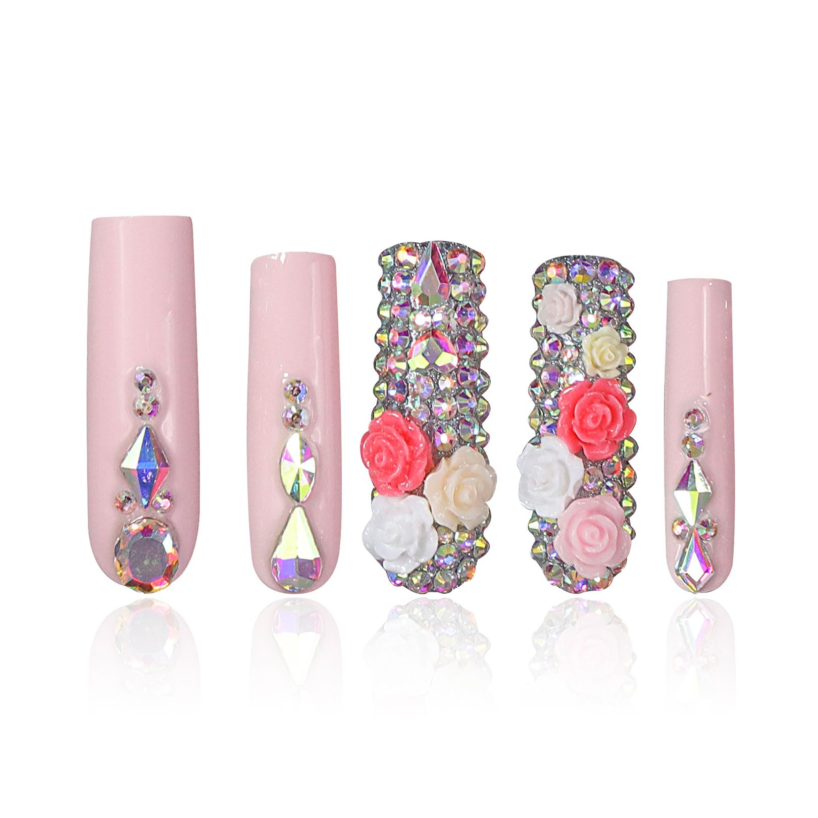 LOVFUL Press on Nails Rose Garden| Handmade with Full Covered Crystals| Reusable Fake Nails| Square Mid length 1.7in| H107-S