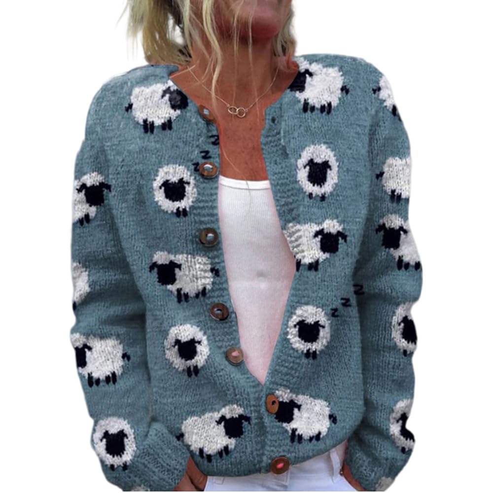 OSCORP Womens Fall Cute Sheep Open Front Knit Cardigan Sweater Winter Cozy Casual Loose Fit Button Down Long