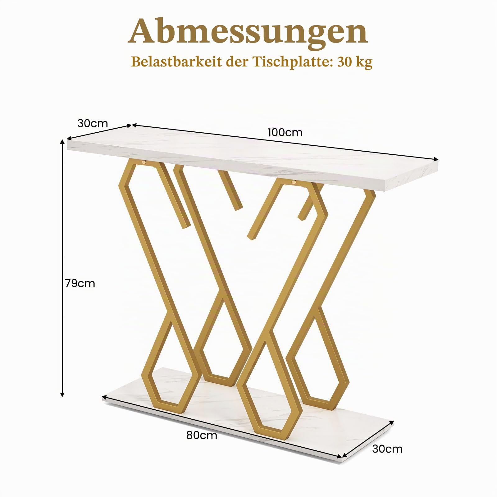 LIFEZEAL Konsolentisch Marmor, Eingangstisch mit 2 Ebenen, Flurtisch mit Schmetterlingsrahmen, Schmaler Dekotisch Beistelltisch für Wohnzimmer & Flur, 100 x 30 x 79 cm (Weiß + Gold)