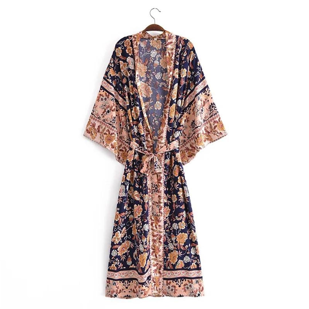Abito bohémien con stampa floreale e maniche a pipistrello, kimono da donna, scollo a V, abito estivo per bikini