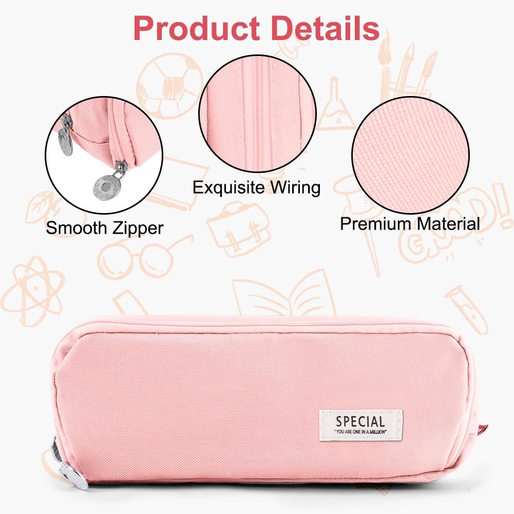 OFFCUP Large Capacity Pencil Case, Pencil Pouch for Girls Boys Adult, Pencil Cases with 3 Compartments, Simple Pencil Bag Makeup Bag Pen Holder Pencil Case Stationery Organizer School Supplies (Pink) - Image 4