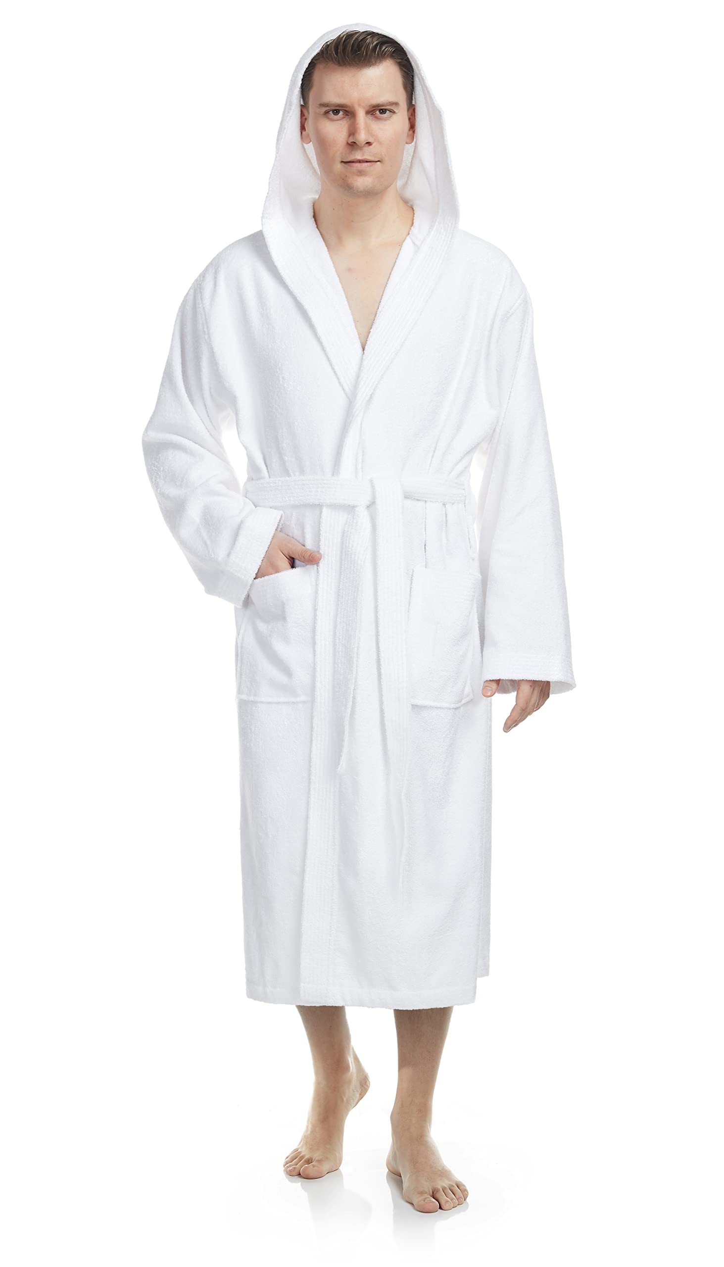 Arus Men's bathrobe with hood, 100% cotton terry, calf-length, XXL-3XL, White