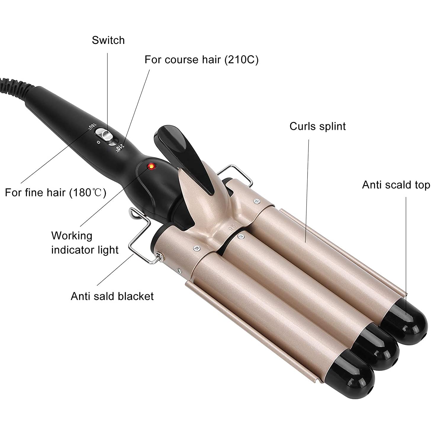 JGJ Triple Barrel Hair Curler, Professional Ceramic Hair Waver with PTC Fast Heating, 180-210°C Temperature Control, Anti-Scald Design, Golden Black - Image 3 thumbnail