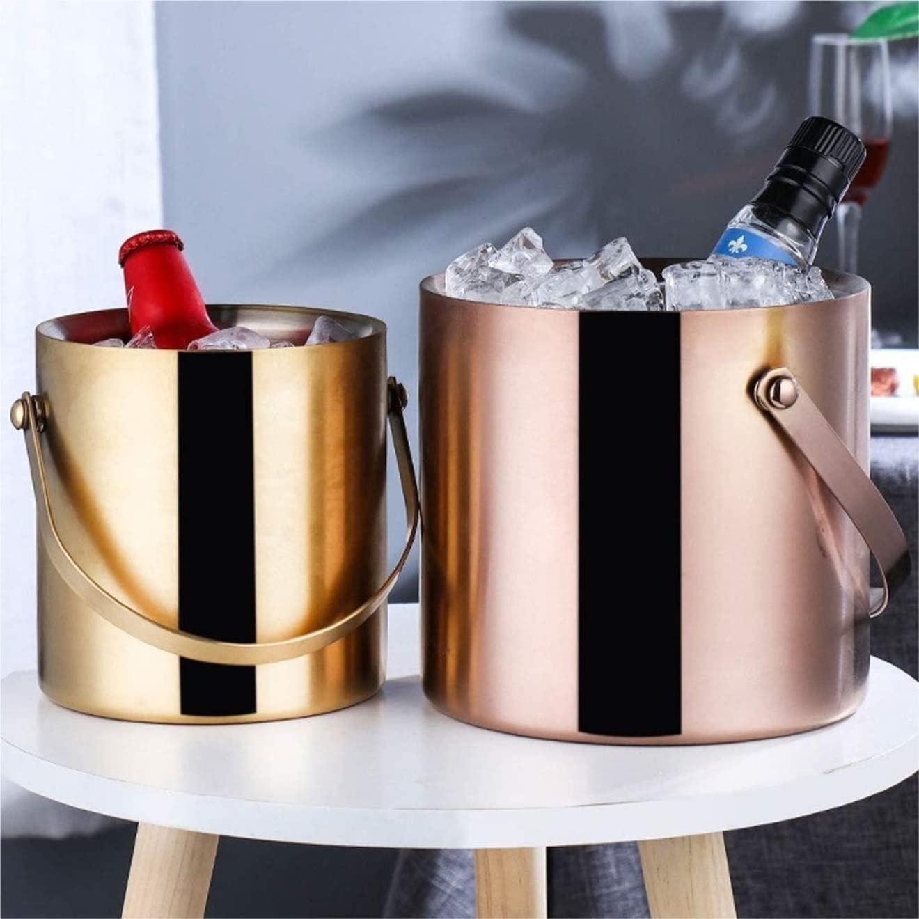 Cocina Utensilios De Bar Cubo De Hielo De Acero Inoxidable con Tapa Cubo De Champán para Bar Cubo De Champán(Gold,3L)
