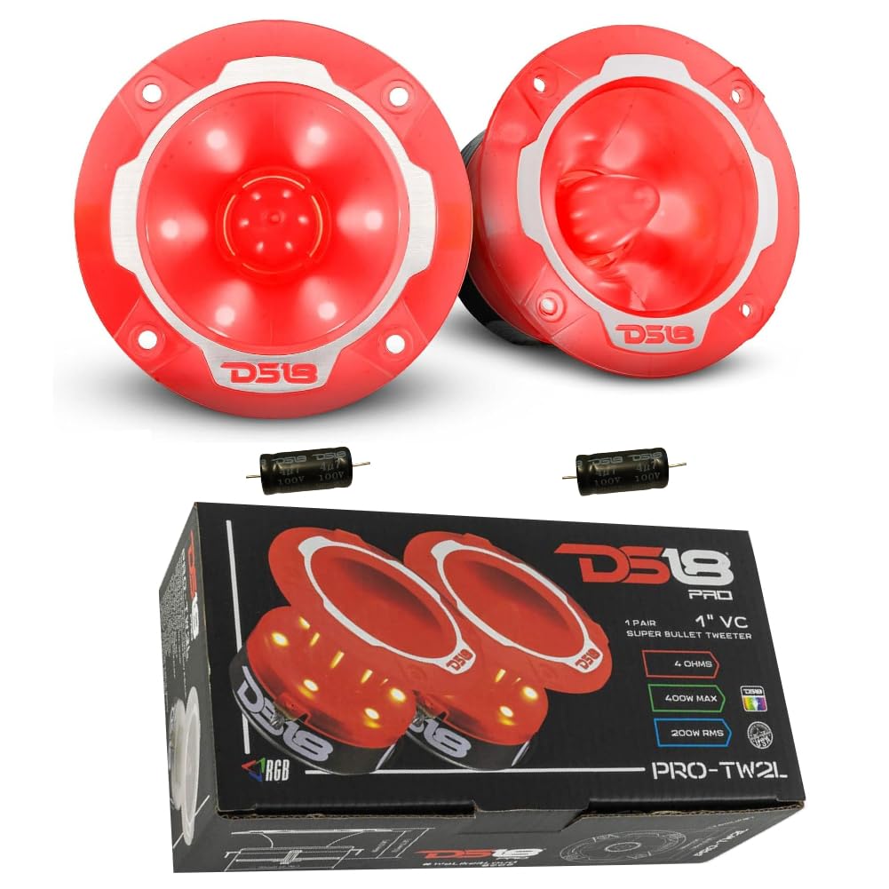 KIT-Set FÜR DS 18 PRO-TW2L 2 Super-Bullet-Hochtöner mit RGB-LEDs mit einem von 9,6 cm und 96 mm, 200 Watt rms und 400 Watt max, 4 Ohm, 103,5 dB, für Autos, paarweise + Kondensatoren als Geschenk