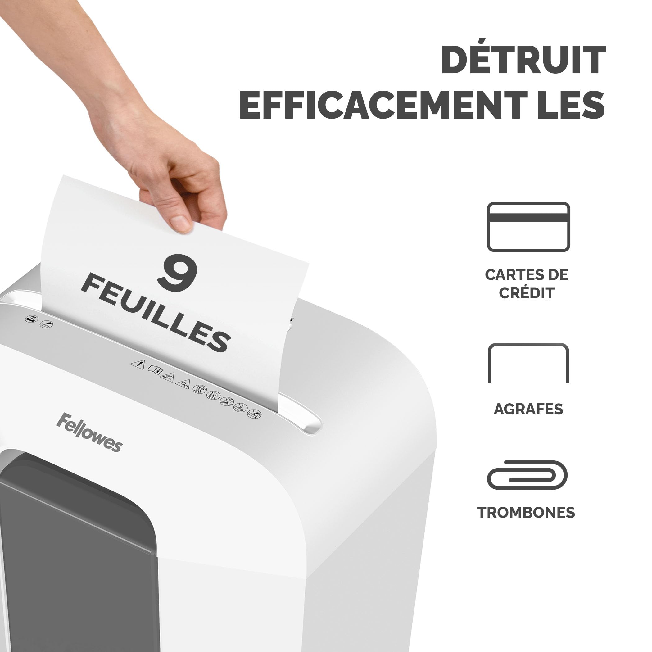 Fellowes FS-9C Destructeur de Documents, Coupe Croisée 9 Feuilles, P4, Bac 17L, Sécurité Enfant, Usage Domestique/Bureau, 31 Feuilles/Min, Déchiqueteuse Papier Haute Sécurité, Blanc
