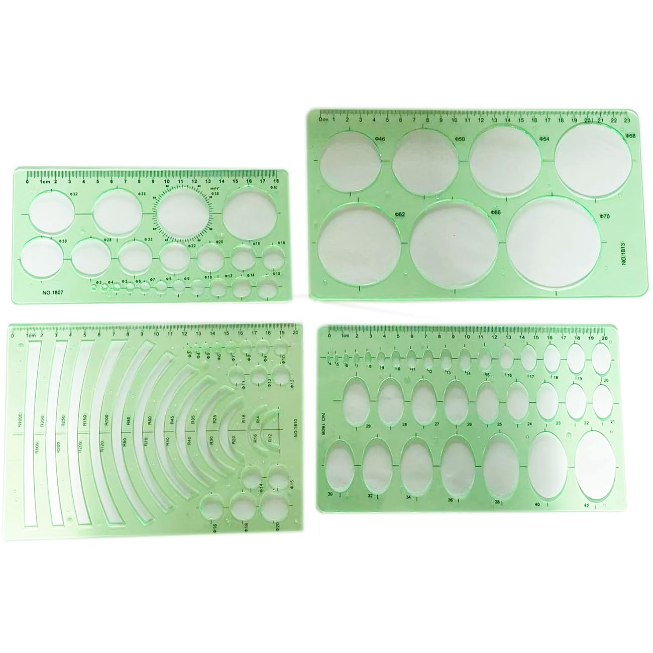 Règles en plastique vert lot de 4 pochoirs pour l'école et le bureau