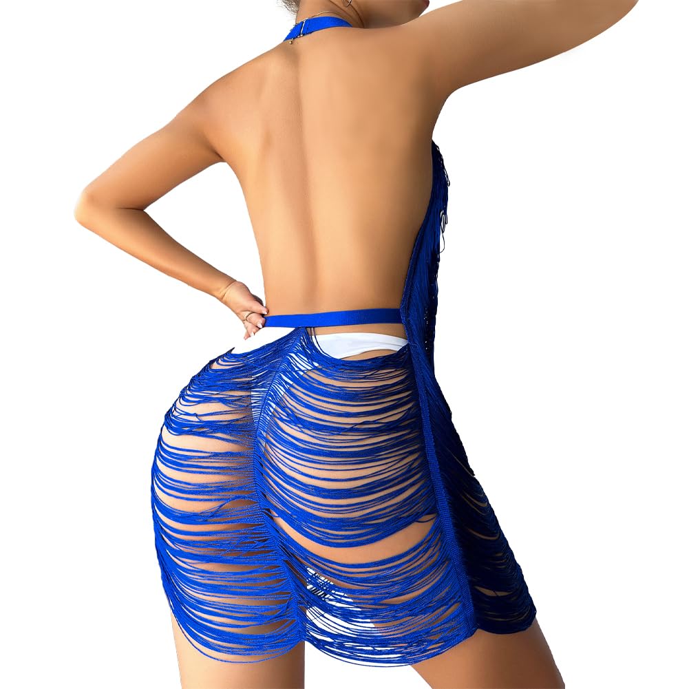 ITODA Robe Moulante en Résille pour Femme Robe Courte sans Manche Dos Nus Lingerie Sexy avec Franges Nuisette Érotique Col V Chemise de Nuit Transparente Tenue Sexy pour Club Soirée Cocktail Festival