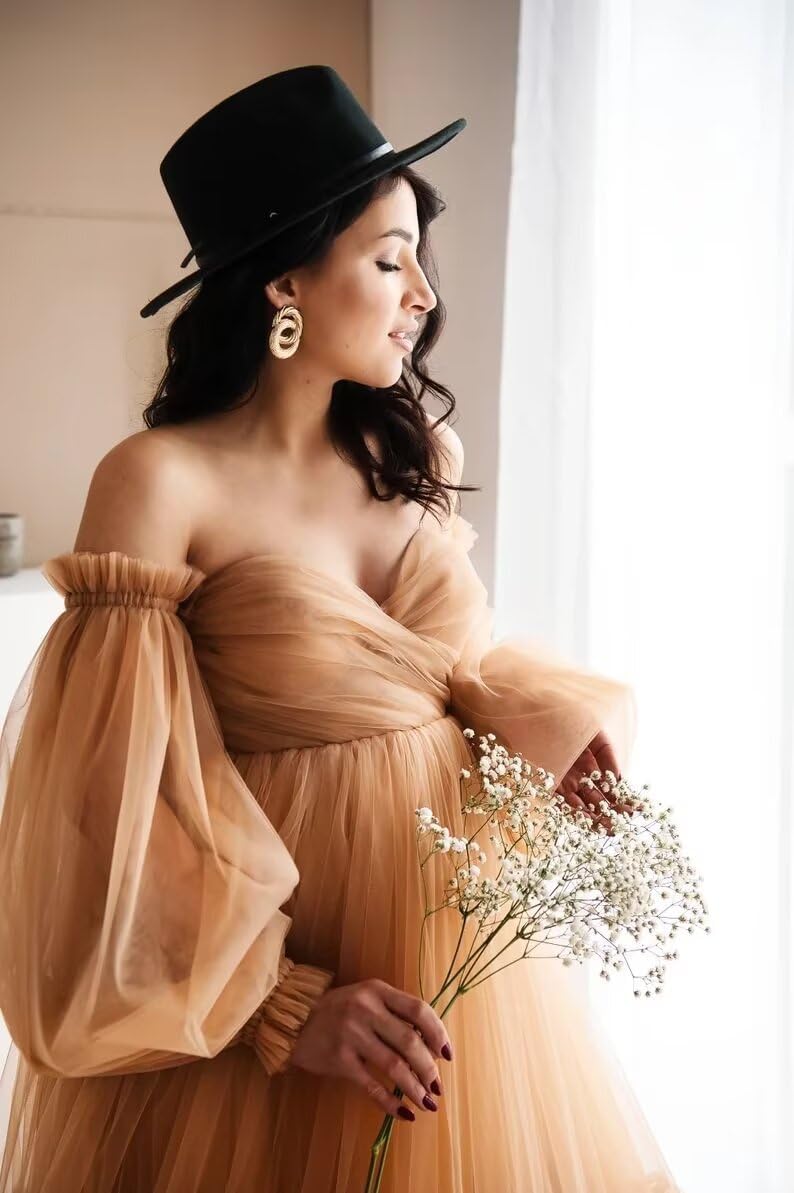 SUOLUOS Puffy Sleeve Maternity Dress for Photoshoot Off Shoulder Tulle Robes Bridal Lingerie Baby Shower Pregnancy Gowns