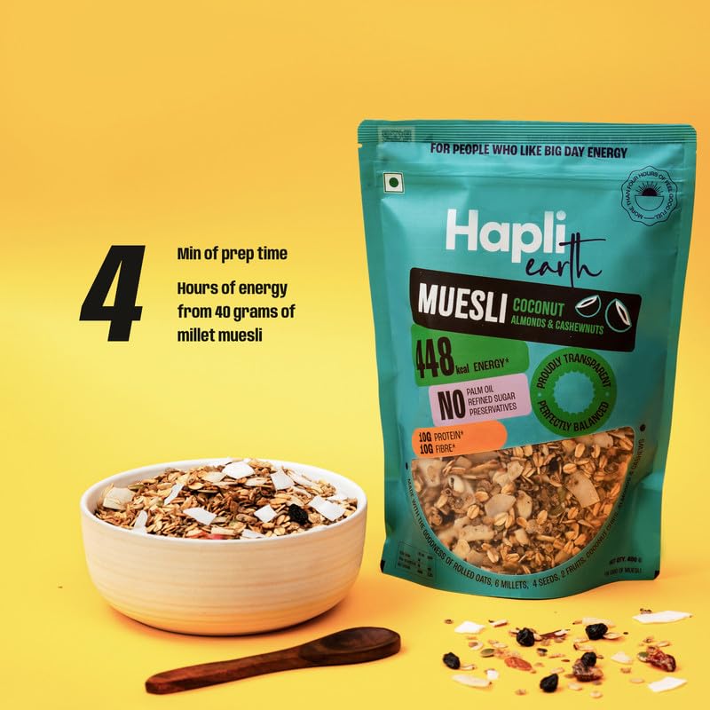 Image of Hapli Earth 6 Millet Muesli | Coconut, Almonds & Cashewnuts | 10g Protein, High Fibre | Healthy Breakfast Cereal with Rolled Oats, Coconut Chips & 4 Seeds | No Palm Oil, No Preservatives | 400g
